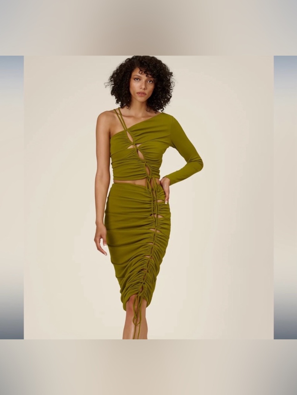 Nicholas Pauline cutout bodycon ruched moss green midi skirt 2 NWT